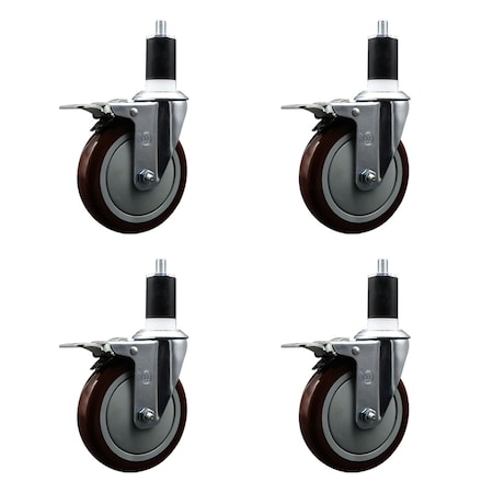 Service Caster 5'' Maroon Poly Swivel 1-1/2'' Expanding Stem Caster Set Total Lock Brake, 4PK SCC-EXTTL20S514-PPUB-MRN-112-4